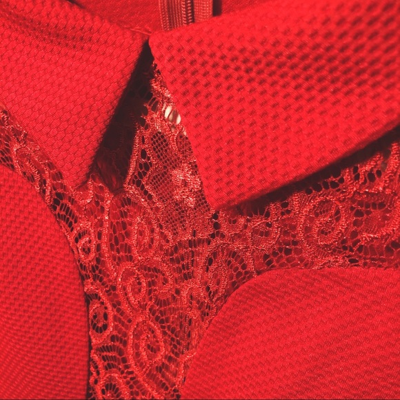 Modcloth Red Collared Top with Illusion Lace Small - Picture 3 of 6